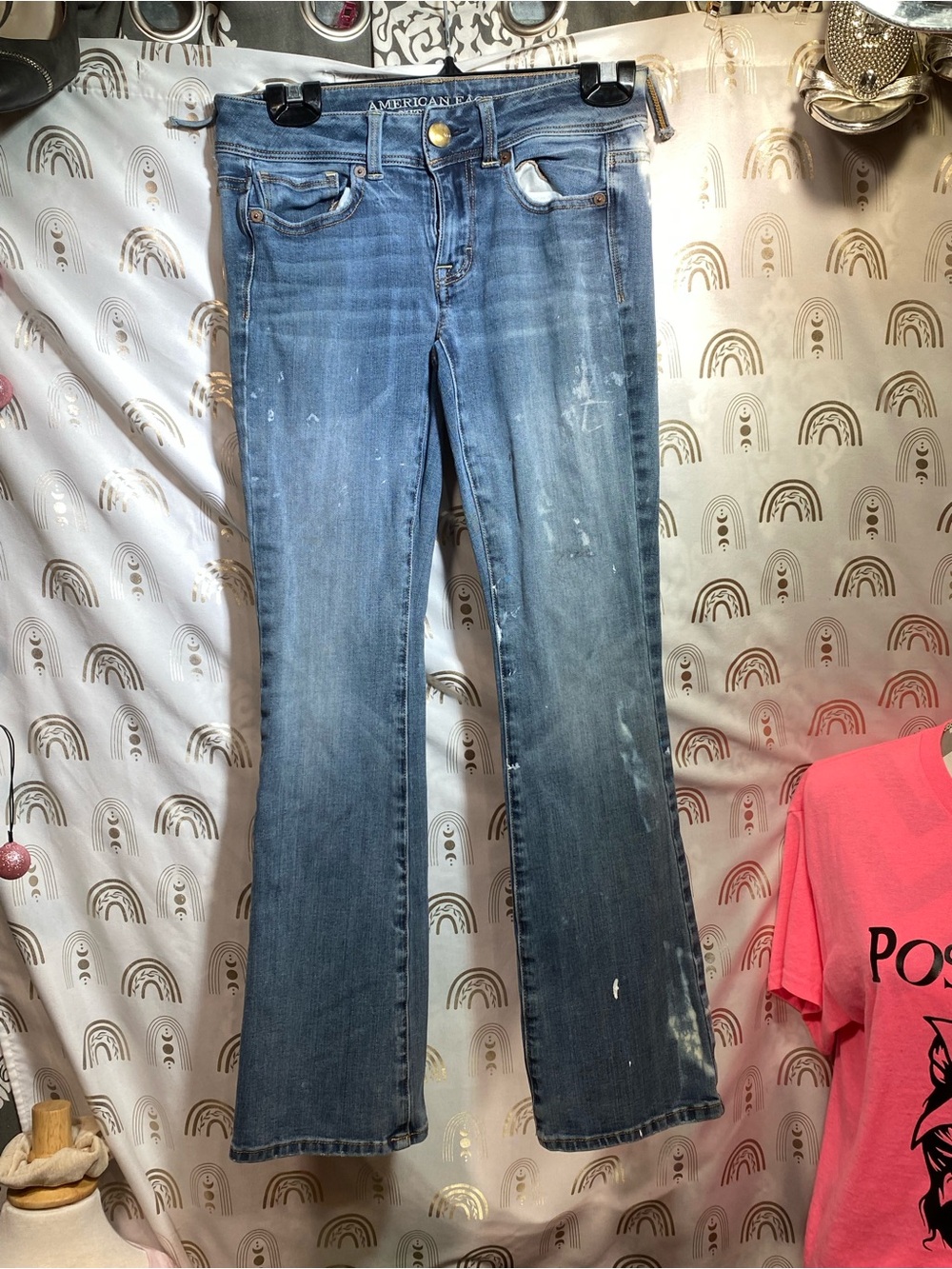 American Eagle Outfitters Blue Flare Jeans with Subtle Paint Detail